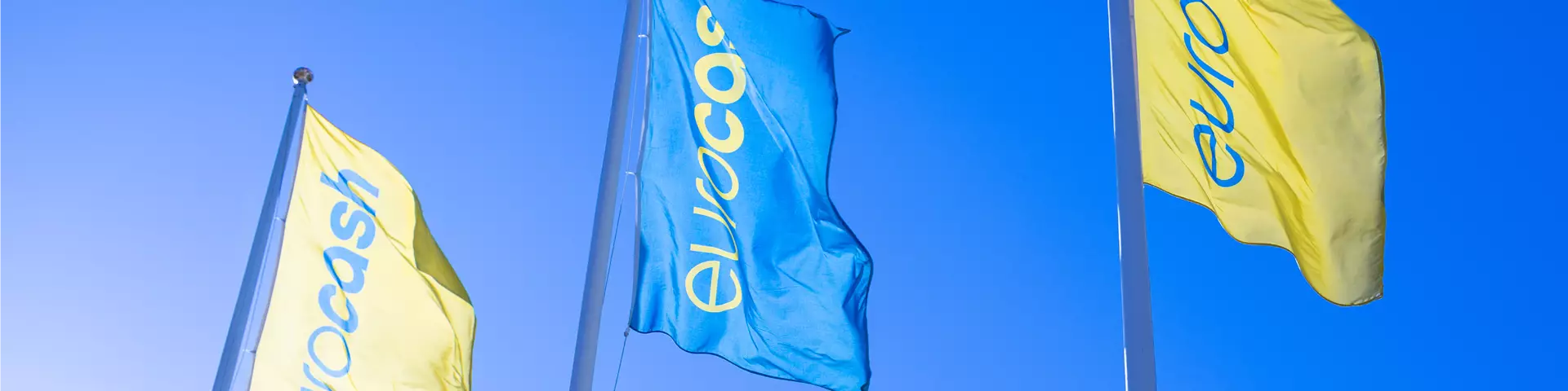 Eurocash gul och blå flaggor som vajar i vinden mot blå himmel.
