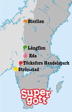 Karta som visar placering av Supergott-butiker längs den norska gränsen